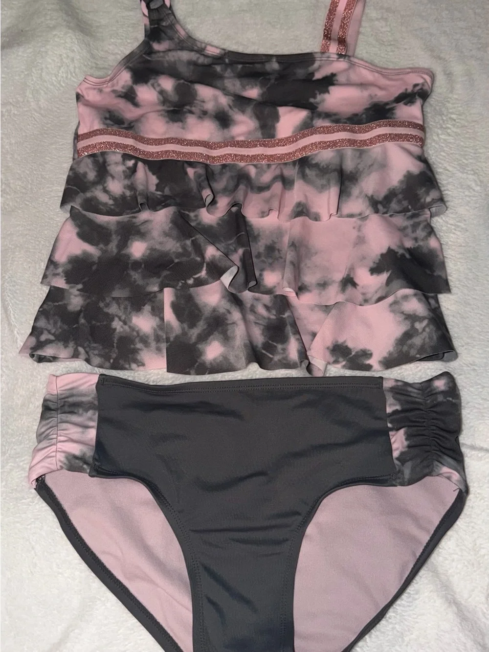 Justice Pink and Gray Ruffle Tankini with Glitter Trim size 20